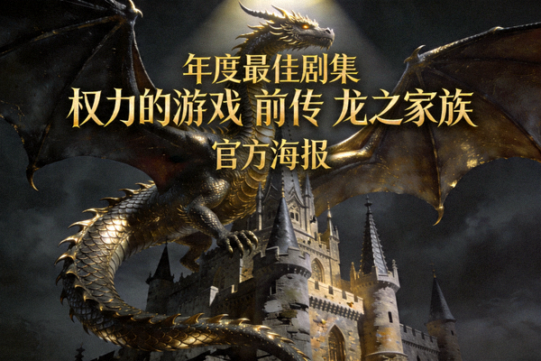 年度最佳剧集《权力的游戏》前传《龙之家族》官方海报，巨龙盘旋在城堡上空